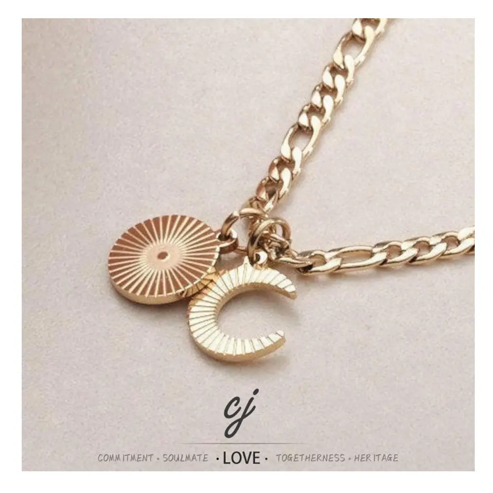 Carline Stainless Steel Gold Plated Moon and Sun Matching Pendant Necklace with Rope Link Chain for Women