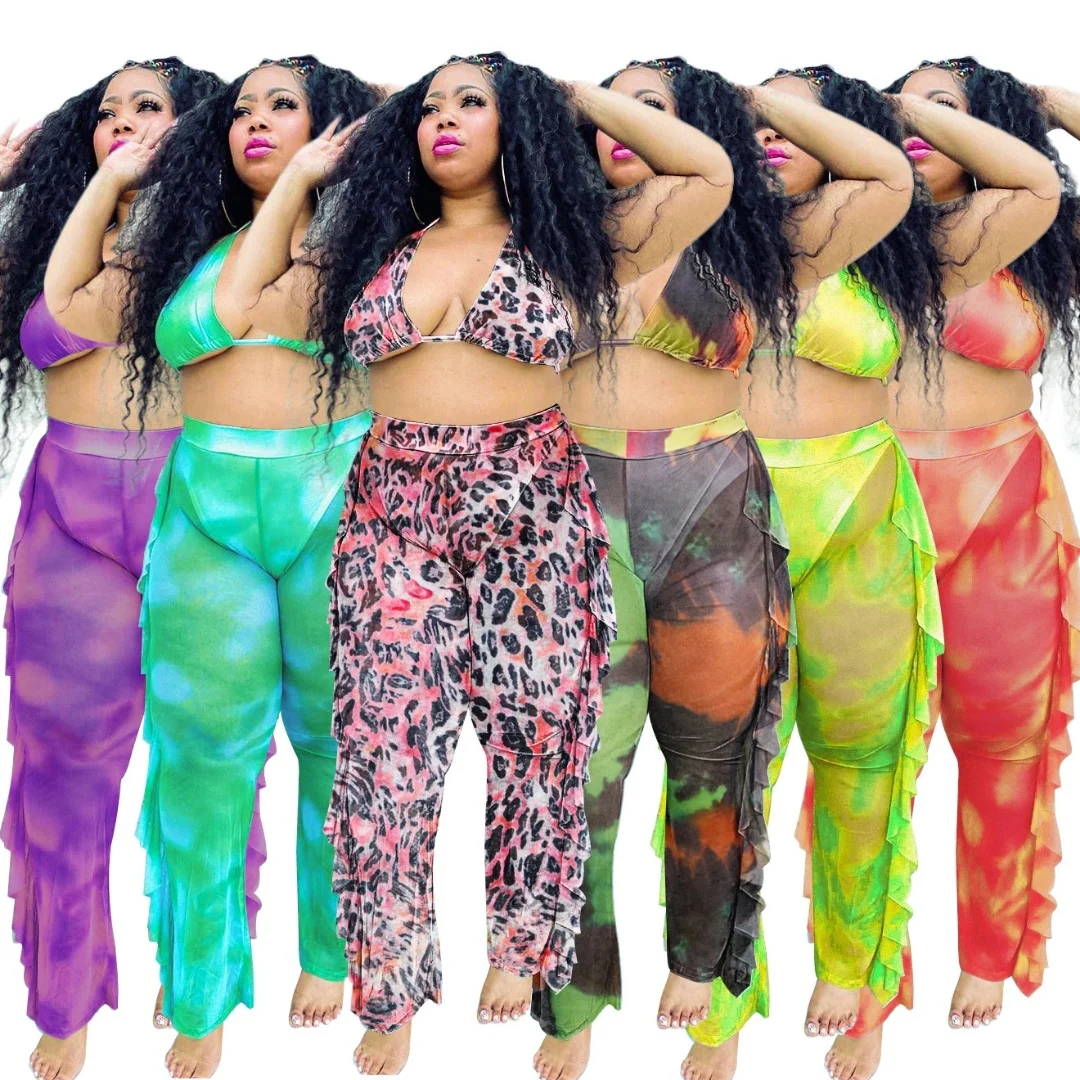 

Plus size swimwear sexy ladies suit summer hollow bikini ruffled wide-leg pants two-piece suit with panties