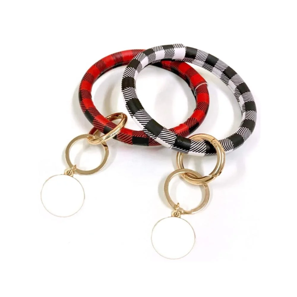 

Cheap Personalized Buffalo Plaid Large O Leather Keyring Enamel Disc Bangle Bracelet