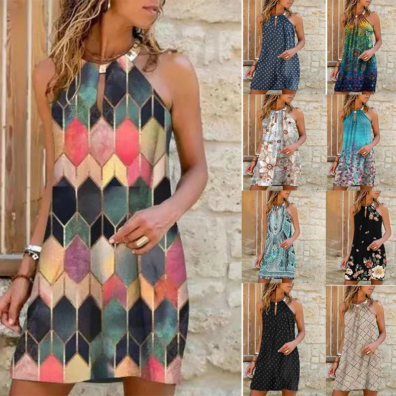 

2021 New Arrivals Hot Selling Multicolor Printed Dresses Circle Halter Sleeveless Casual Elegant Women's Dress