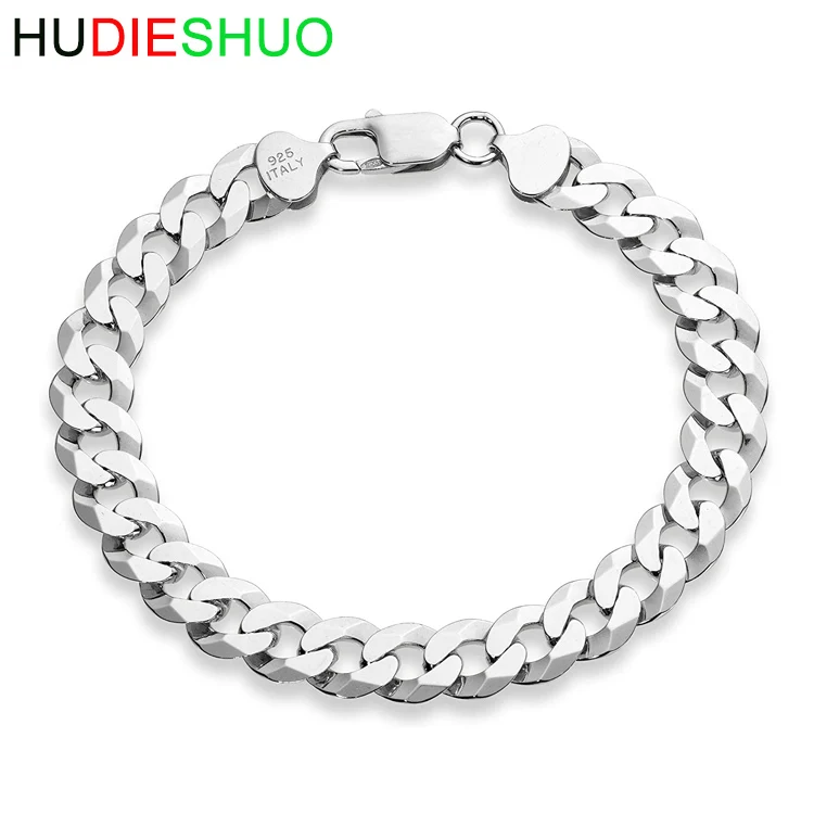 

925 Sterling Silver Italian 9mm Solid Diamond-Cut Cuban Link Curb Chain Bracelet Jewelry for Men, Picture