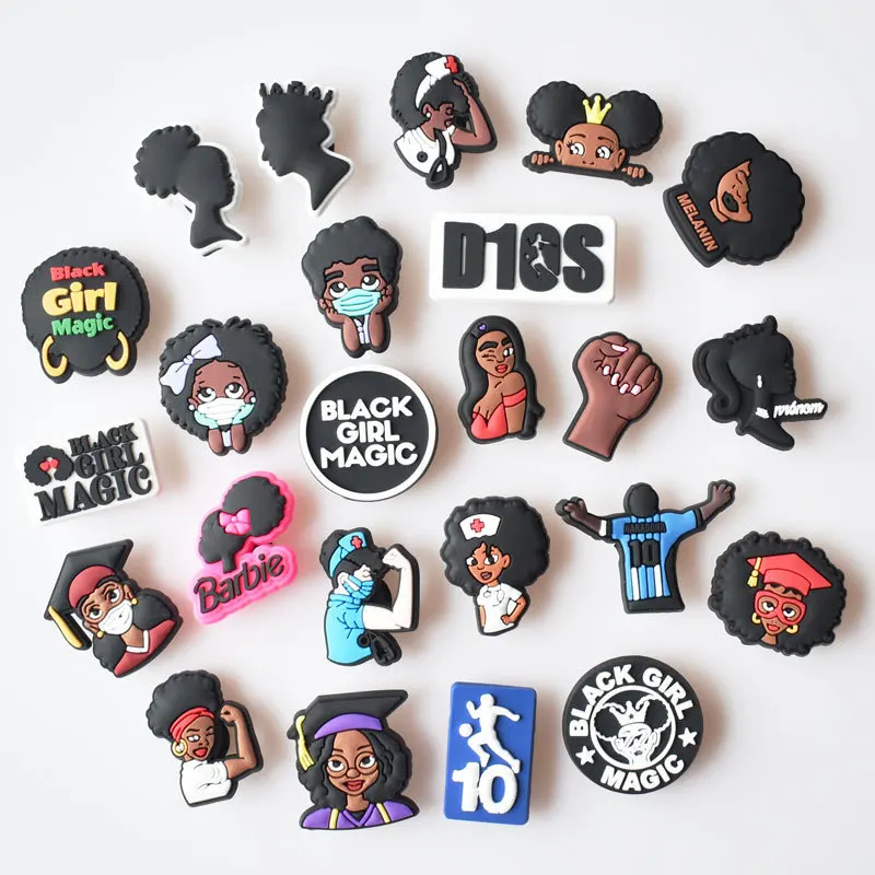 

DIY PVC Croc Charms Black Girl Series Designer Charms for Crocs Wholesale Price Clogs Accessories Finished Products with Buttons