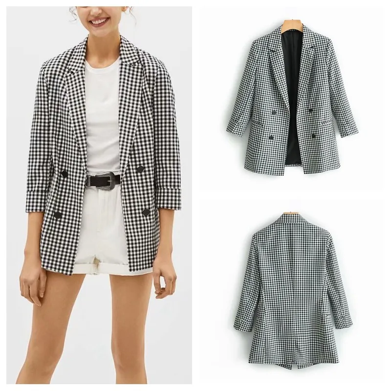 

Stock Summer 3/4 sleeve fashion office lady style women fashion checked blazers good quality designer blazer, Print