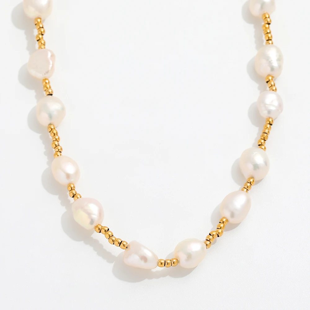 

Joolim Jewelry 18K Gold Plated Fresh Water Pearl Satellite Beads Chain Necklace Stainless Steel Jewelry Wholesale