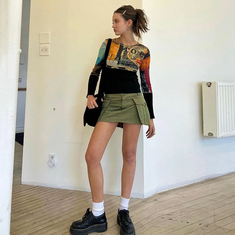 

Streetwear Cargo Micro Skirt Y2K Women High Waist Pockets Aesthetic Retro Casual Ruffles Pencil Short Skirts 2022