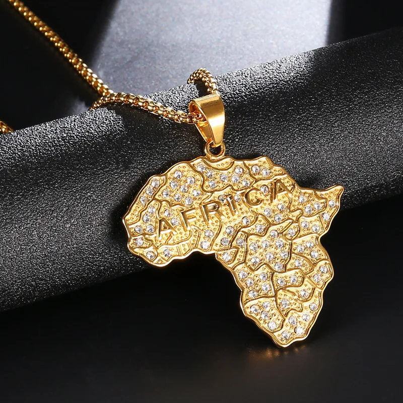 

Hiphop Gold Plated African Map Pendant Necklace Inlay Crystal Stainless Steel African Map Pendant Necklace, As picture show