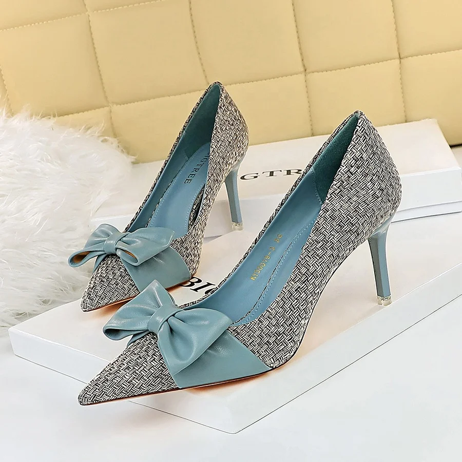 

Pointed Toe Pumps Women Thin High Heels Concise Office Work Shoes Black Beige Two Wear Pu Leather Stiletto Heels Weave Shoes