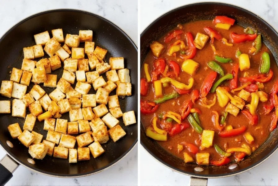 Step-by-step preparation of chili paneer showing golden paneer cubes stir-fried with colorful bell peppers in glossy sauce