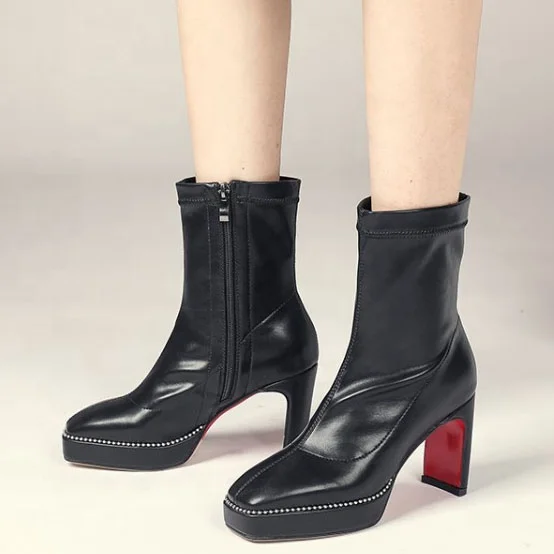 

Metal Ball Ornament Platform Side Zip Women Ankle Boots Square High Heel Dating Big Size Square Toe Ladies Short Office Booties, Black,beige