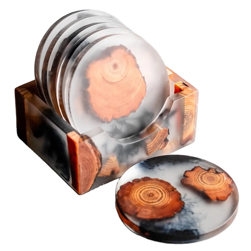 

Top Quality Hot Sale Round Square Chinese Design Tea Coffee Cup Wood Resin Coaster With Holder