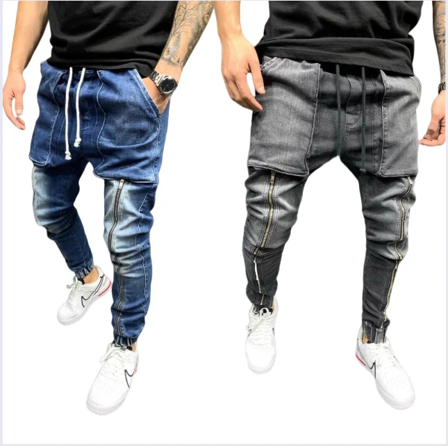 

Hip wide drawstring trousers Blue slim fashion pants men s jeans with zipper