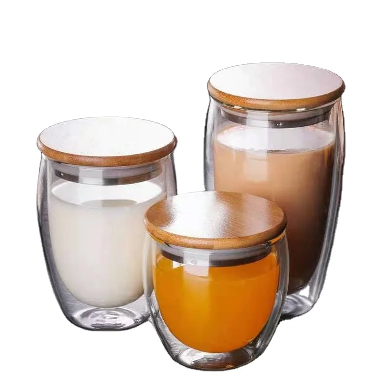 

Heat Resistant high borosilicate double wall glass cups with bamboo lid, Clear