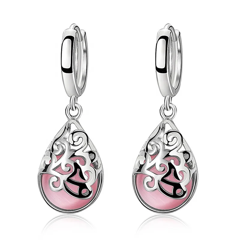 

Long water drop shaped embossed pink gemstones men and women earrings EAC201