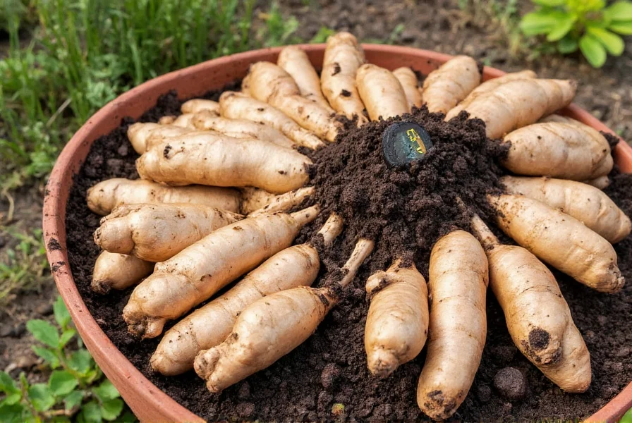 Ginger rhizomes prepared for planting with soil thermometer showing 72 degrees Fahrenheit