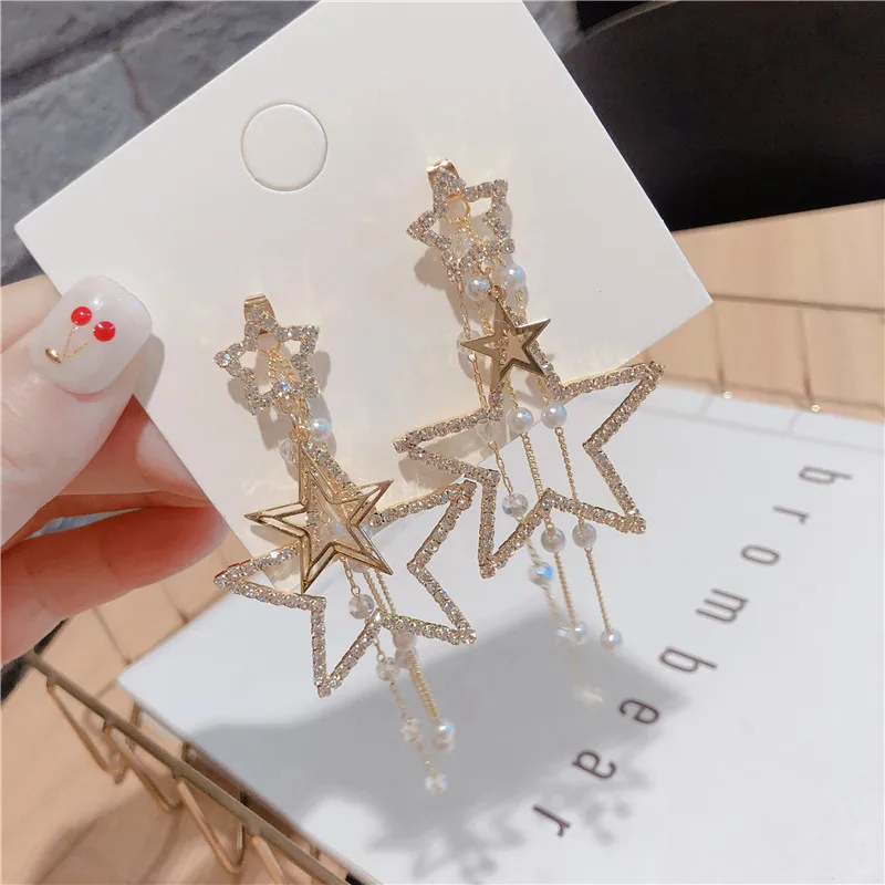 

Korean Personality Jewelry Girls Fashion Rhinestone Pendientes Gifts For Women Crystal Star Pearl Tassel Drop stud Earrings, As picture