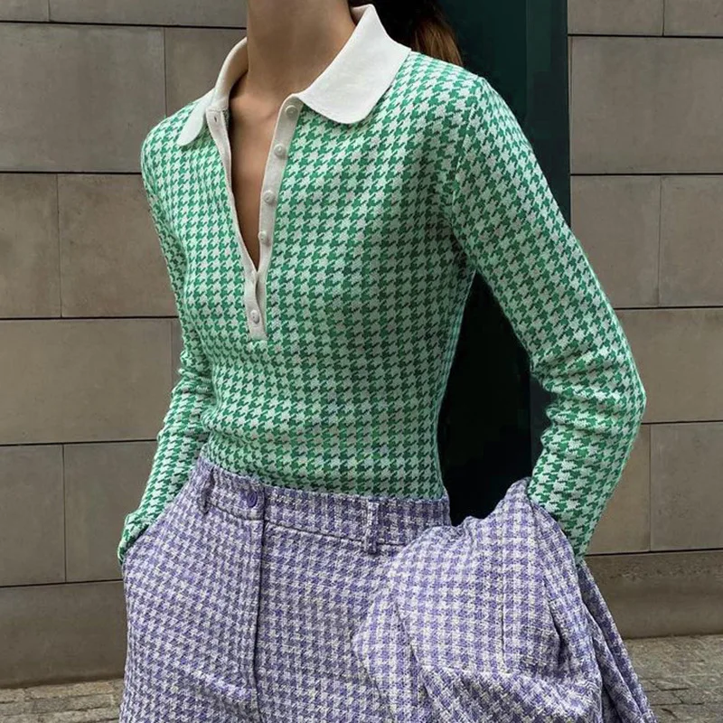 

Women Tops Fall 2021 Houndstooth Slim Fit Ins Fashion Half Button Down Polo Collar Knit Crochet Sweater Tops