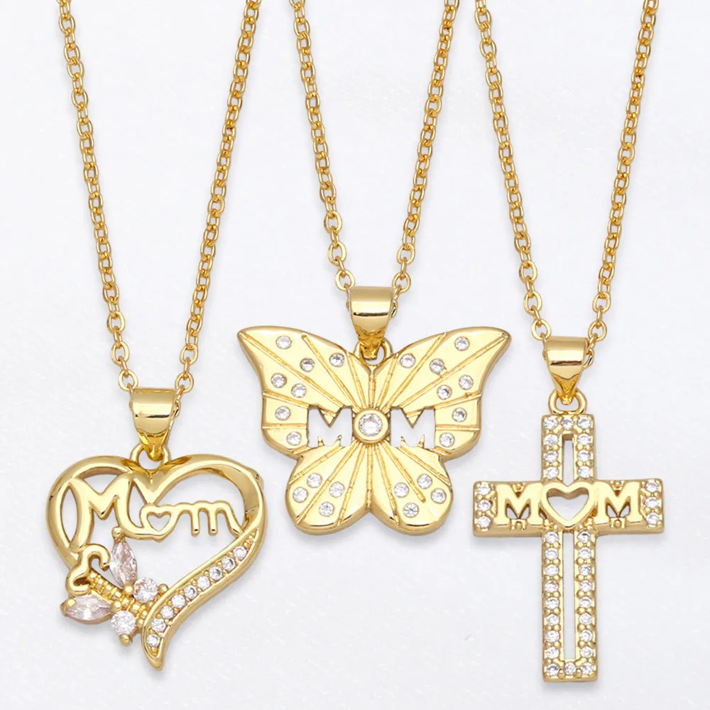 

Mother's Day Gift 14k Gold Plated Fashion Jewelry mama Zircon Chain Mom letter Heart brass necklace for Women