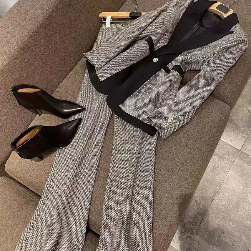 2023 Elegant Suit Set Embroidery Sequins Plaid Suit High-Waisted Wide Leg Long Pants Office Lady Business Pant Outfits