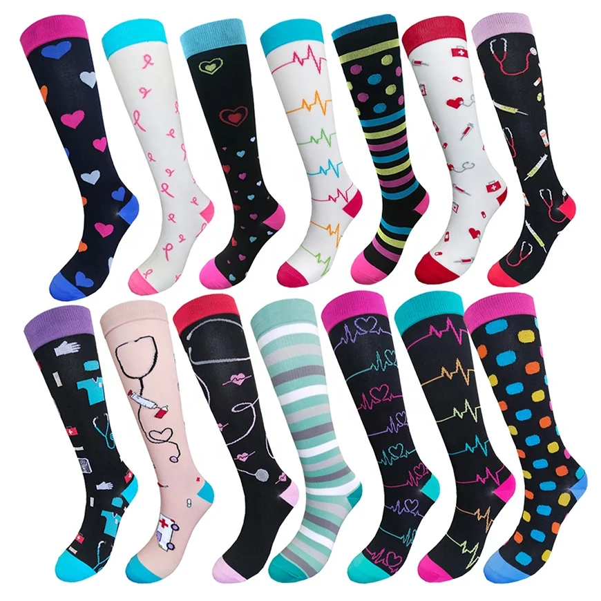 

High quality knee high plain colorful nylon medical nurses socks unisex compression medical socks for nurses15-20 mmhg