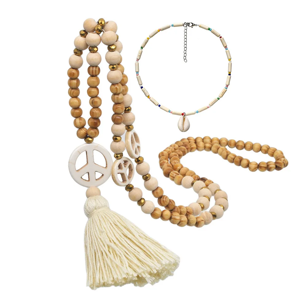 

Bohemian Handmade Long Retro Crystal Turquoise Shell Wooden Bead Necklace