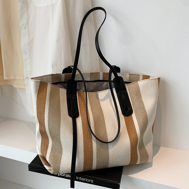 

Luxury Stripe Designer Big Shoulder Bag large canvas Tote Handbags for Women 2021