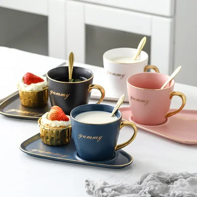 

Hot selling simple matte glaze gilt edged mark ceramic cup coffee cup dish set with tray, Colorful