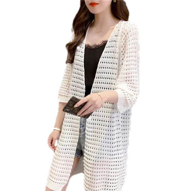 

Wholesale fashion women spring new arrival v neck half sleeve hollow out open front sweater coat, Black