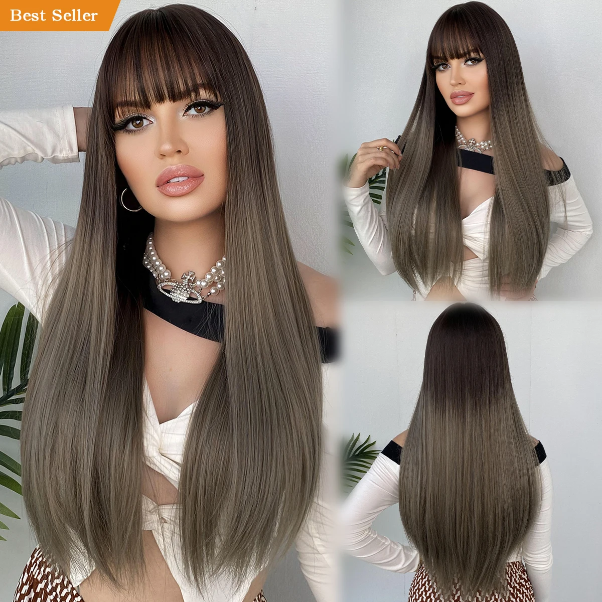 

Wholesale Ombre Gray Wigs Long Straight Perruques with Bangs Platinum Blonde Synthetic Wig for Women Anime Cosplay Lolita