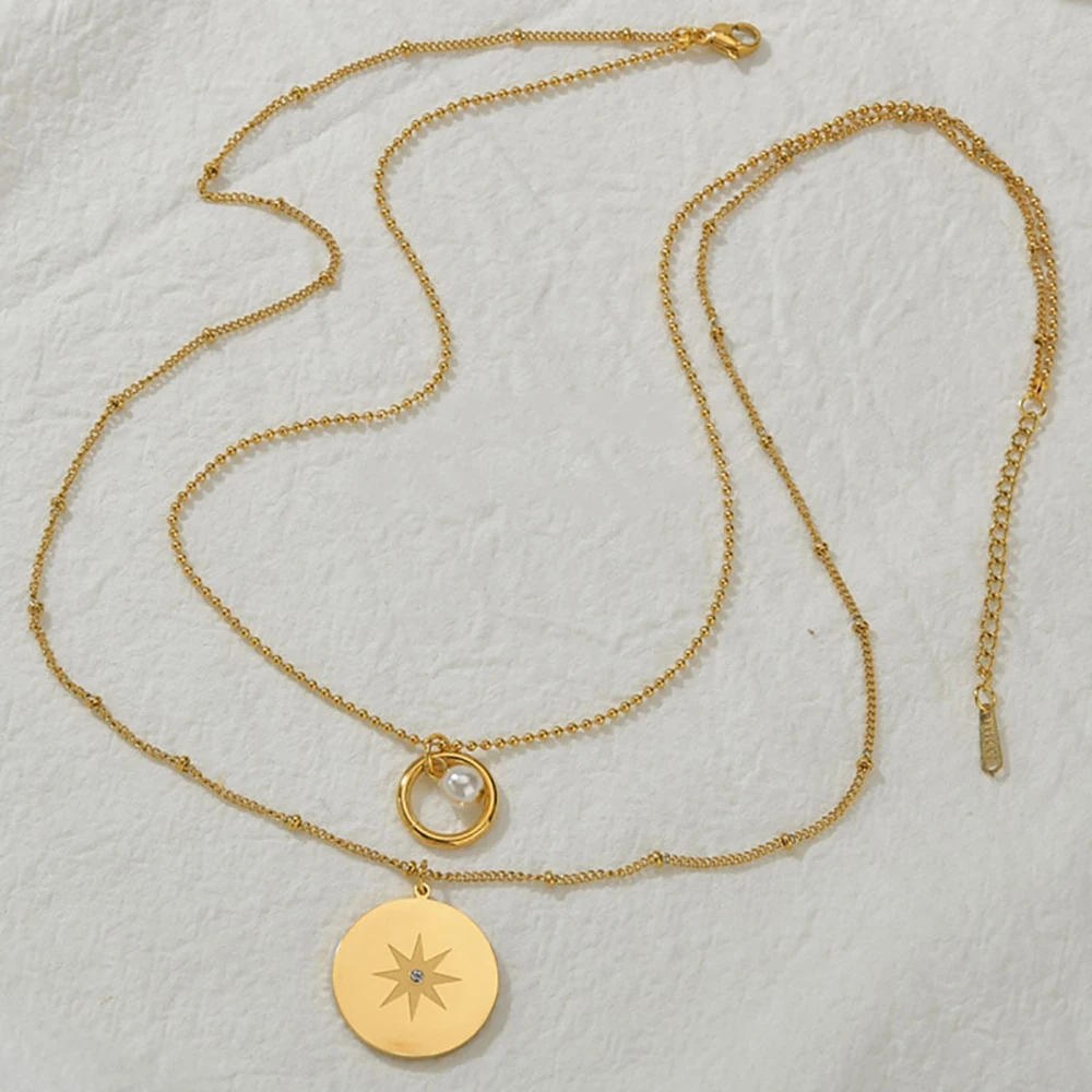 

2021 new arrivals stainless steel double layer 18k gold plated star pendant pearl and gold link chain necklace, Gold/steel