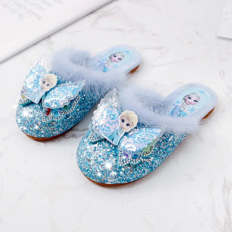 

Dropshipping Hot sale girls slippers cartoon disney princess girls party shoes cute fashion fur children's slippers, Pink/blue
