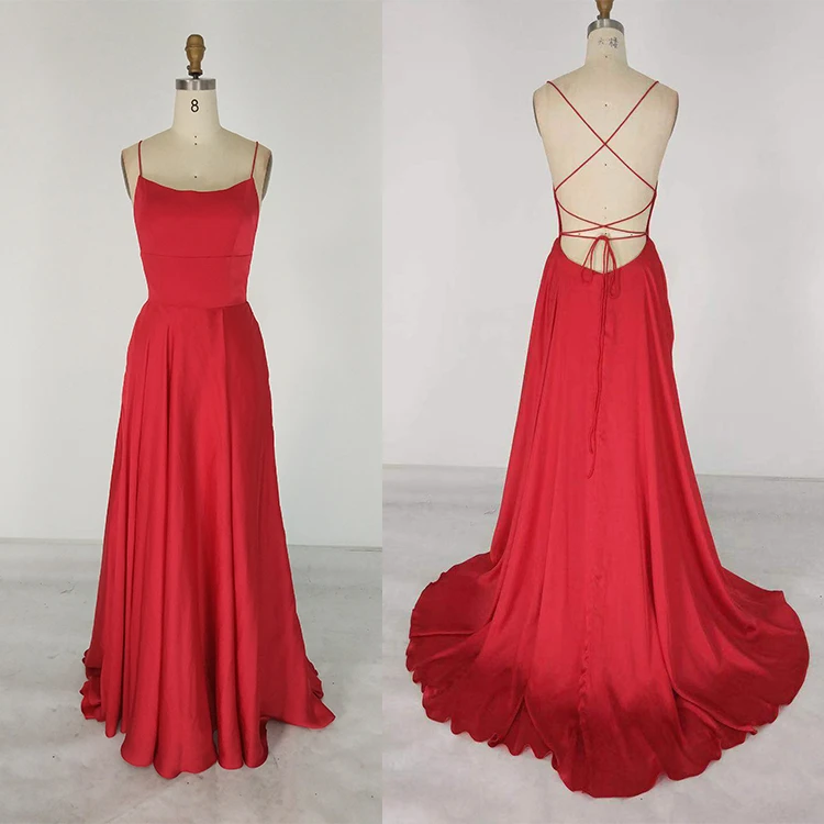 

Promotopnal square neckline lace up high split sexy red formal evening dress
