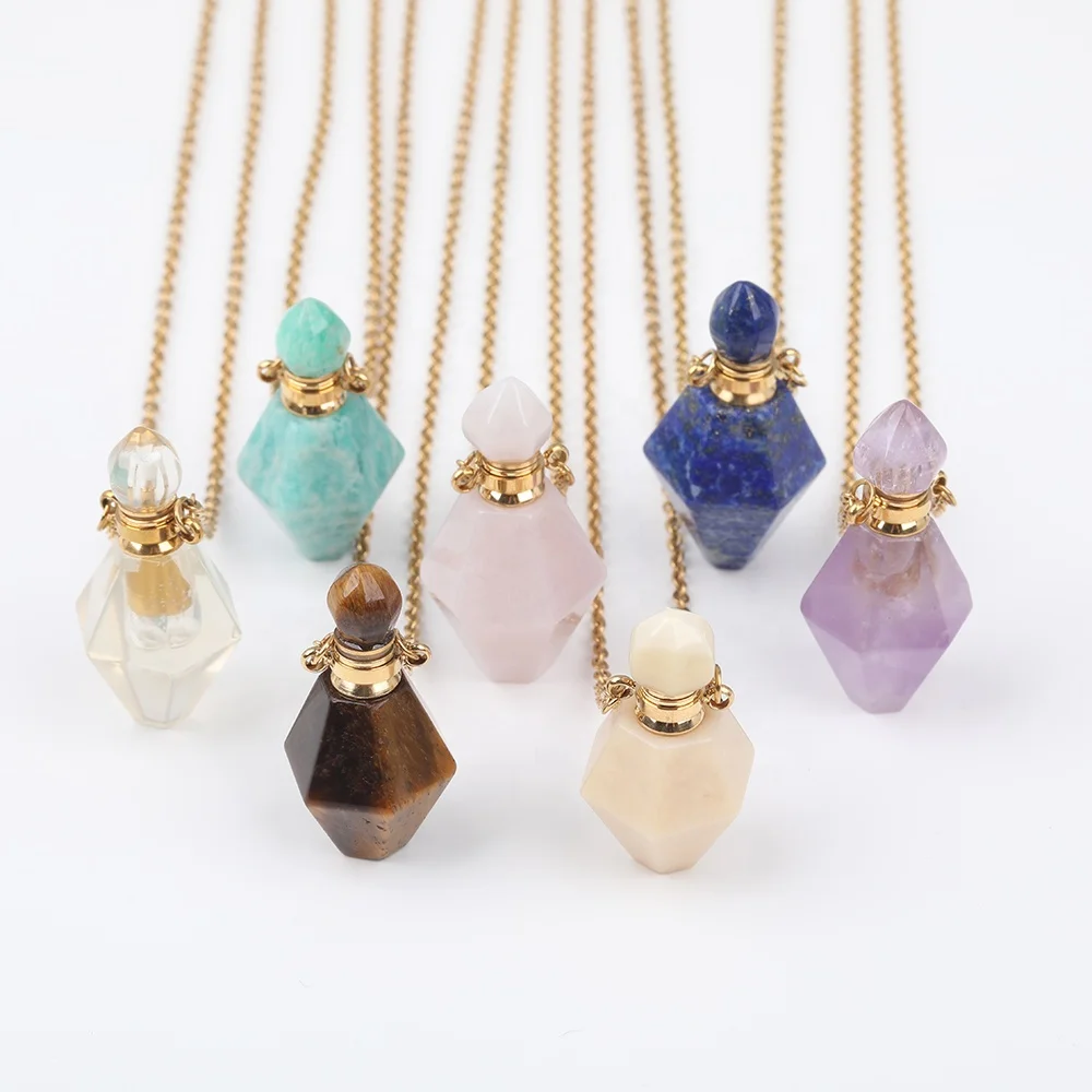 

Carved Natural Quartz Crystal Stone Essential Oil Aromatherapy Bottle Pendant Jewelry Necklace in Gold Chain, As picture