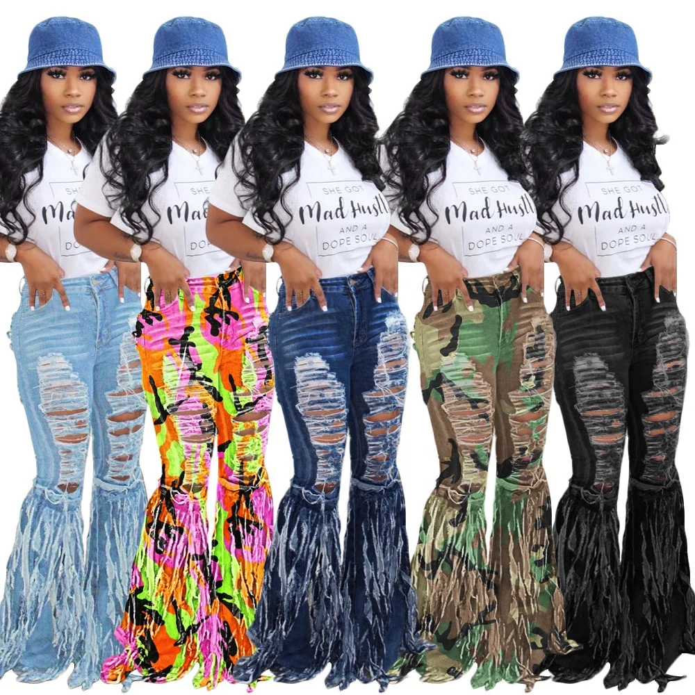

Wholesale European And American Hot Style Fringed Brushed Denim Shorts Women'S Jeans Casual Flared Pants, 5 colors