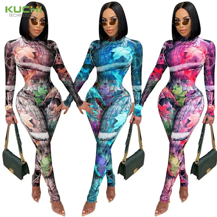 

Printed Color Mesh Two Piece Romper Sets Long joggers Women's tight Bodycon Jumpsuit 2020 Full Sleeve, Two piece jumpsuit