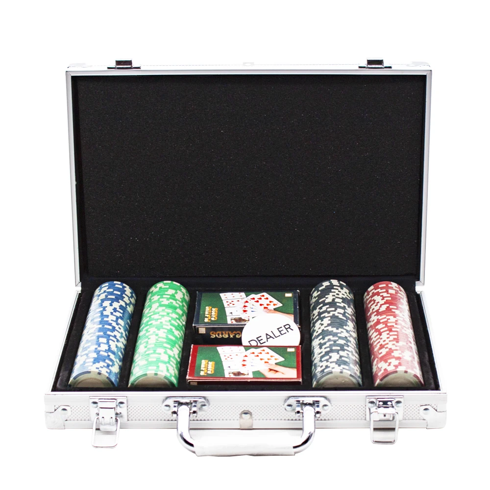 

Hot selling 200 pieces casino poker chips 2 playing cards 5 dice aluminum case poker chips set, Customized color