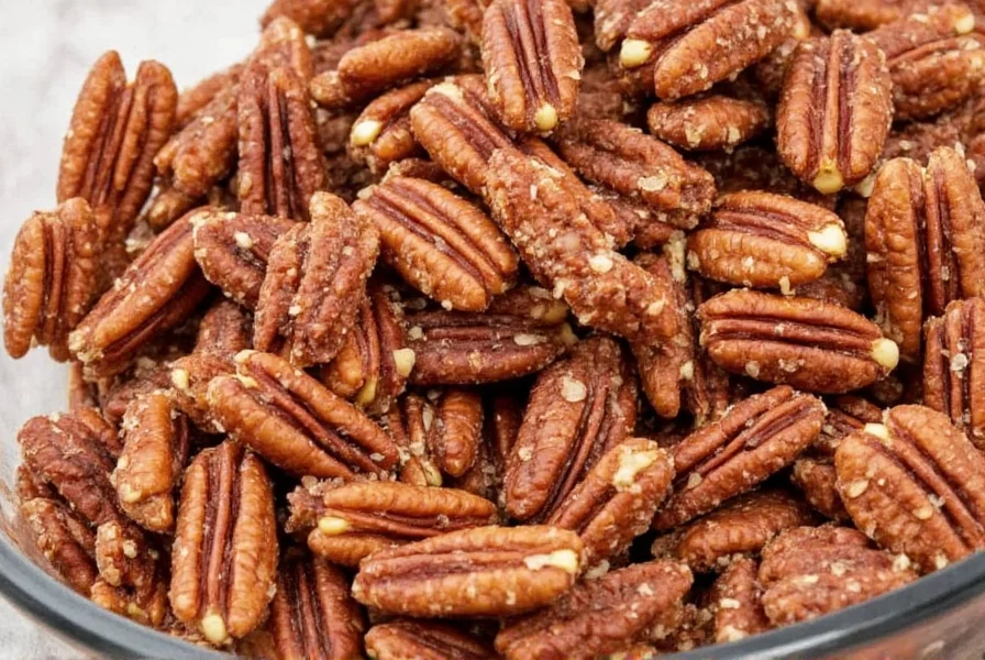 Close-up of glossy cinnamon candied pecans cooling on wire rack with cinnamon sticks