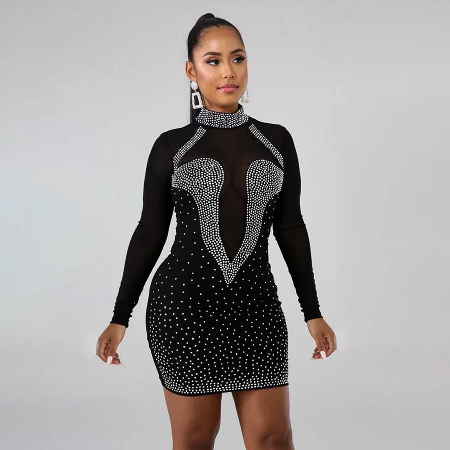 

Kliou K21D07672 Mesh See Through Shiny Diamond Long Sleeve Sexy Dress Casual Dresses Women