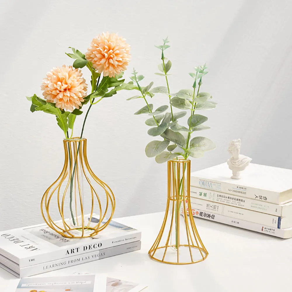 

Nordic Gold Vase Transparent Hydroponic Iron Glass Vase Decoration Home Vases for Flowers Small Terrarium Living Room Decoration