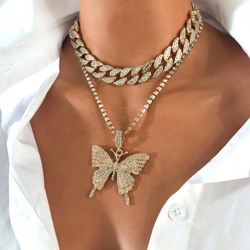 

Fashion jewelry gold hip-hop trend Accessories geometric micro-set rhinestones set Cuban chain big butterfly necklace, Picture shows
