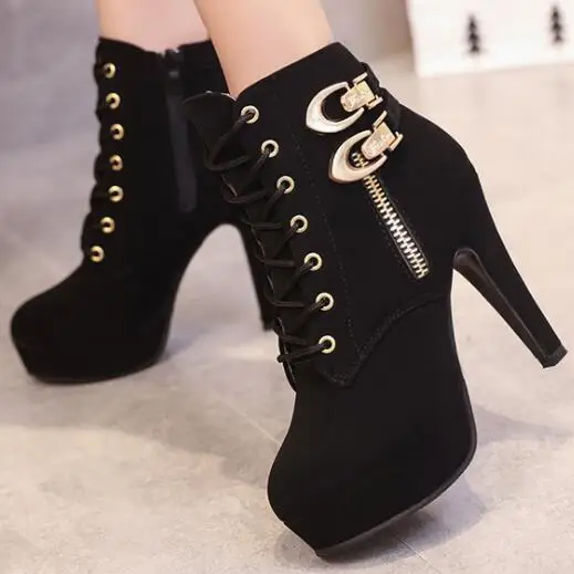 

cz18084a Fashion ladies chunky high heel boots black women cross straps round toe boots women, Black/brown