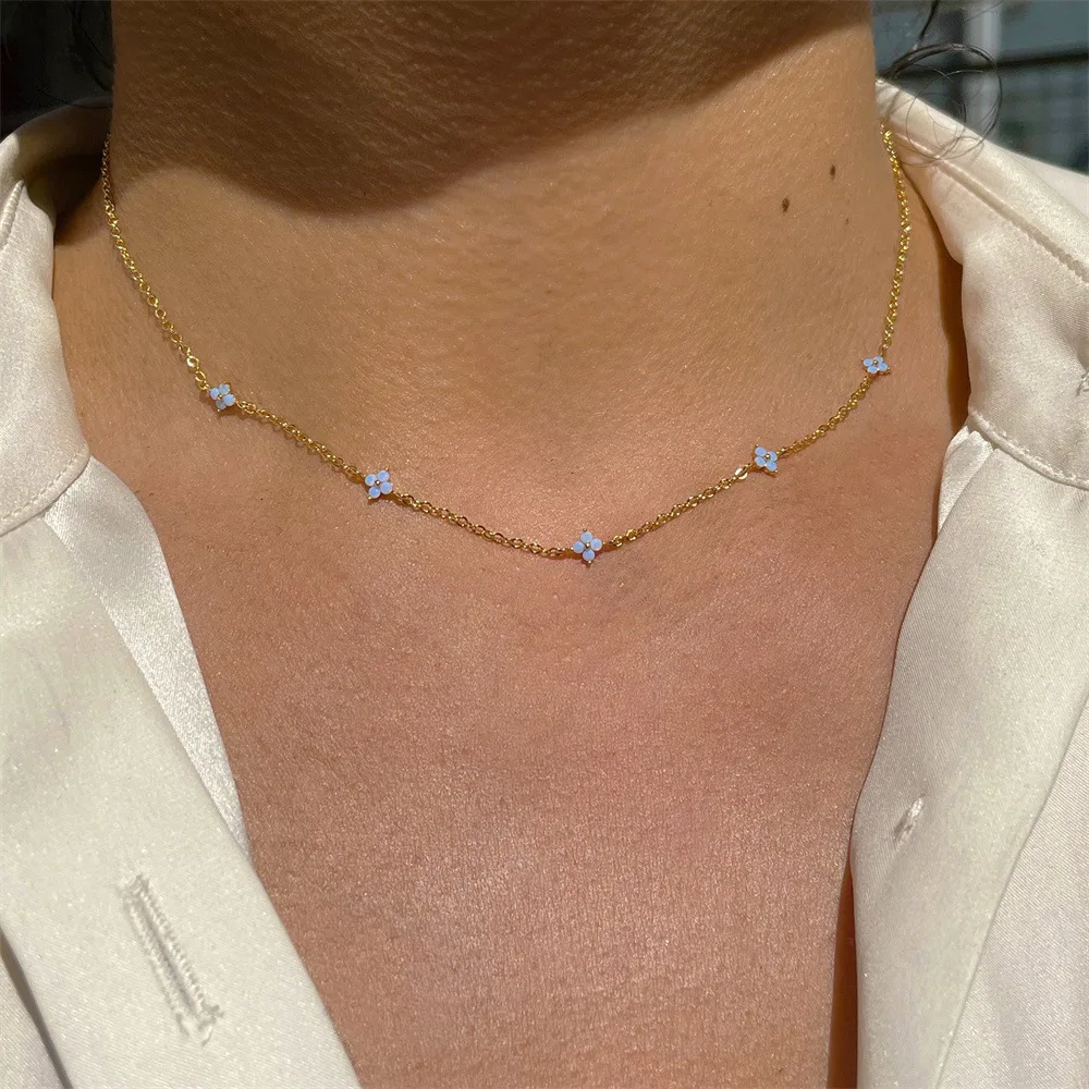 

3 Colors Light Blue Small Charm Flower Necklace 18K Gold Plated Thin Chain Choker Necklaces Women Korean Cute Minimalist Jewelry, Gold/silver/rose gold