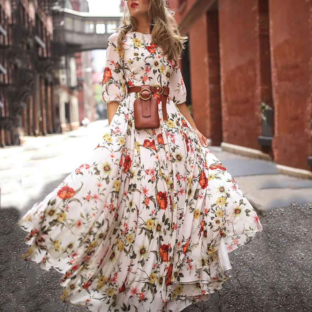 

Fashion Summer Dress Women Casual Half Sleeve Boho Dresses Swing Floral-Printed Holiday Floor-Length Dresses, Picture color