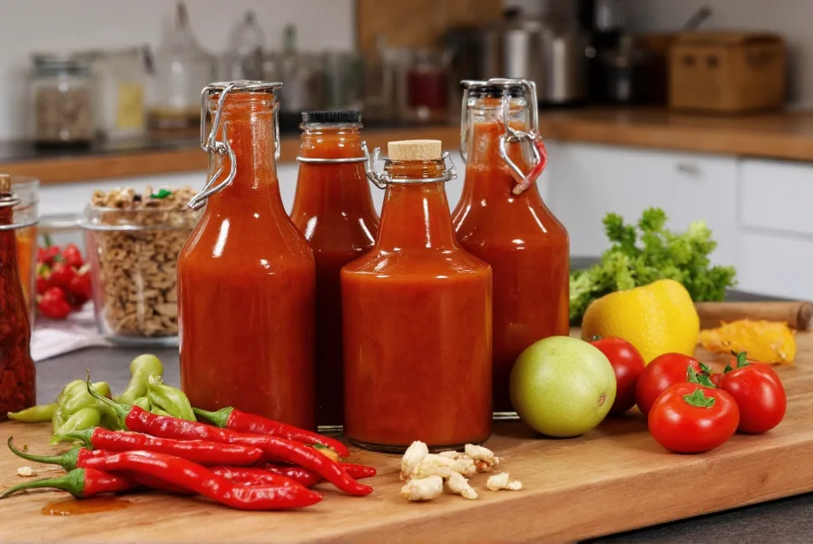 Homemade hot sauce bottles with scorpion peppers and various ingredients on wooden kitchen counter