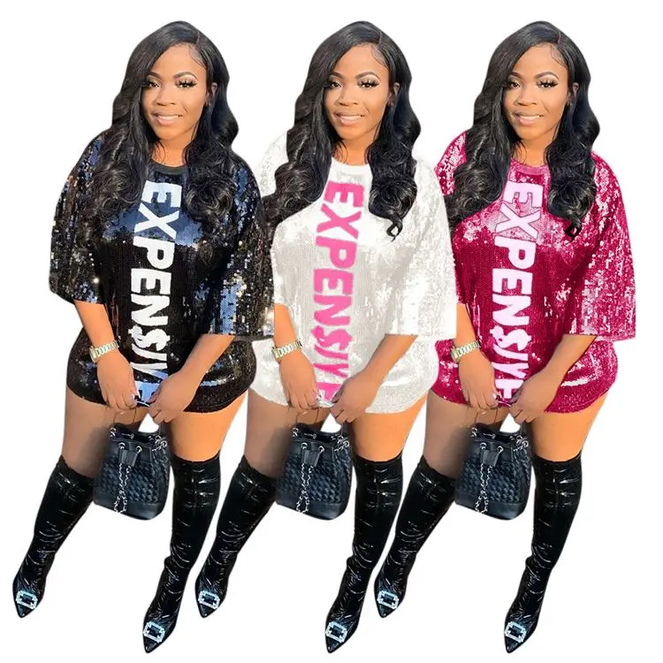 

Latest Design Women Letter Printed Fashion Clothing 2020 Sexy Sequin Ladies T Shirt Dress Woman Casual Dress