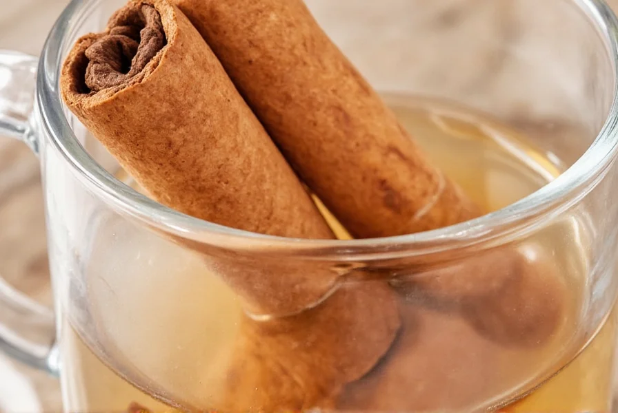 Close-up of cinnamon sticks steeping in clear glass pitcher with water