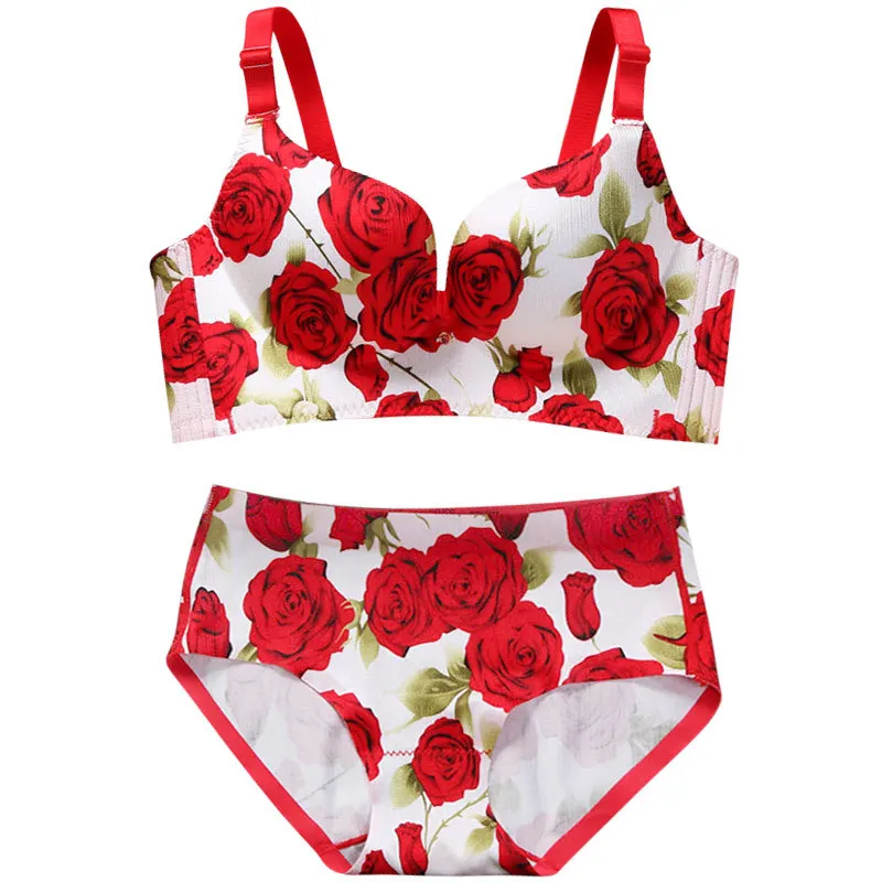 

3/4 cup sexy rose print panties Push Up wire free bra 2 piece set women's panties bra & brief sets, 4 colors