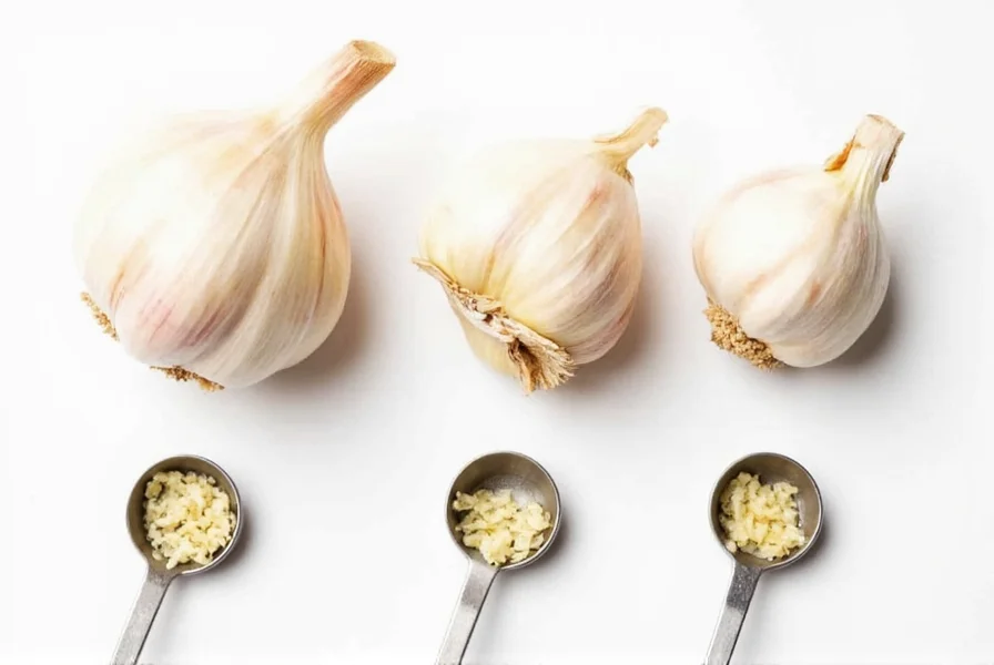 Close-up of different sized garlic cloves next to measuring spoons showing minced garlic equivalents