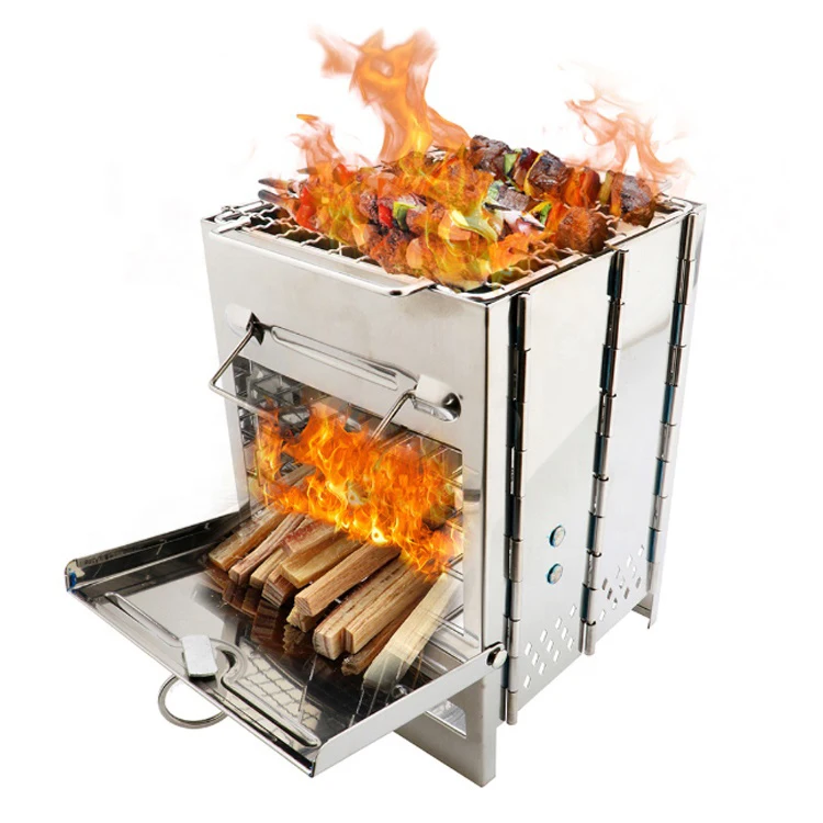 

Outdoor Portable Lightweight Folding Stainless Steel Barbecue BBQ Wood Burning Stove, Silver