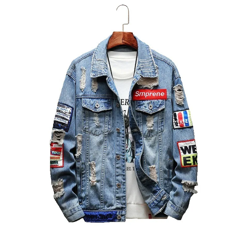 

2 color options classic RTS hip hop design streetwear ripped patch embroidery punk jean clothing tops casual jacket denim men