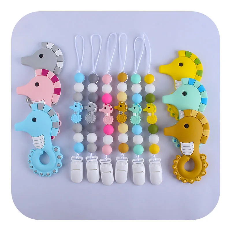 

BPA Free Silicone Beads Dummy Chain Silicone Hippocampus Teether Baby Teething Pacifier Chain